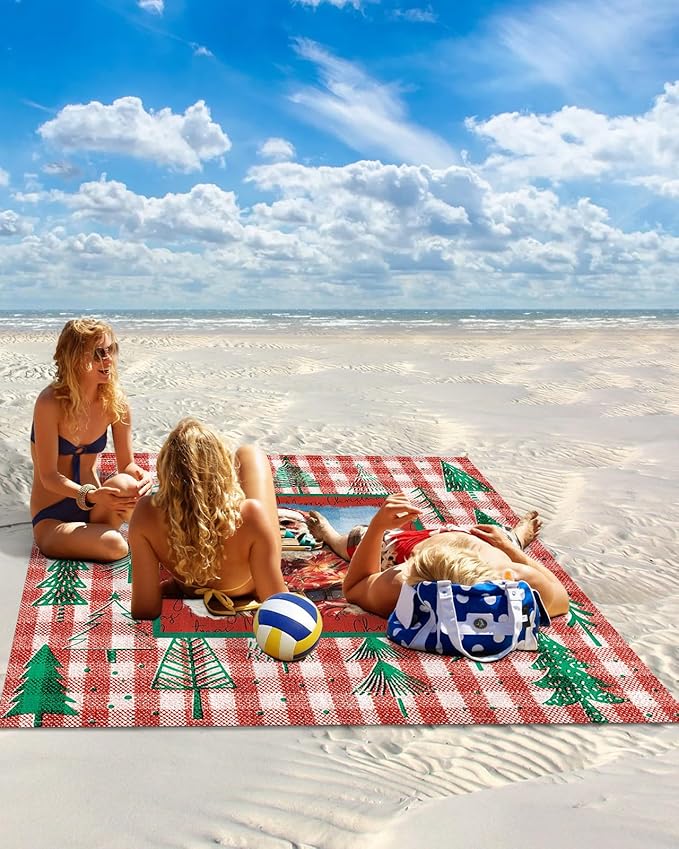 Beach Blanket Waterproof Sandproof OversizedSanta Claus Christmas Tree Seamless Beach Mat with Corner Stakes Sand PocketsRetro Red Buffalo Plaid Outdoor Picnic Mat for Travel Camping 95x80In