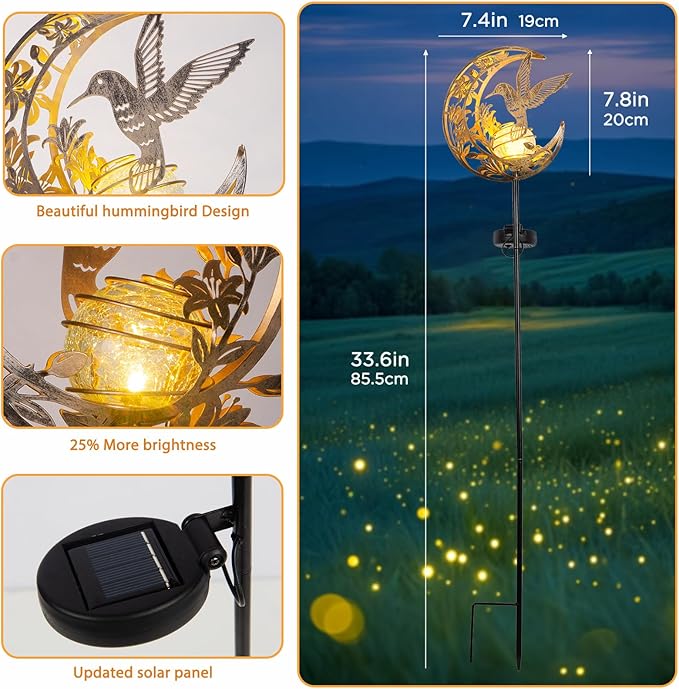 Solar Hummingbird Lights Outdoor Decor - Moon &amp Bird SolaGardenLights Waterproof Auto On/Off Pathway Lighting for Yard/Lawn/Patio Handcrafted Metal Solar-Stake-Lights for Outside Decorations