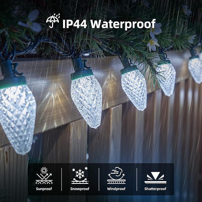 Brightown 2 Pack White C9 LED Christmas Lights Outdoor 33ft 50 LED Waterproof Strawberry String Lights Plug-in Extendable Green Wire Lights String for Outdoor Indoor Patio Party Decoration