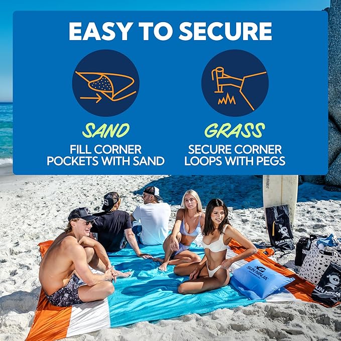 SUN NINJA Oversized Beach Blanket - Sandproof Beach Blanket 10ft x 9ft Sand Free Blanket Lightweight Water Resistant Includes Carry Bag 4 Pegs Shoulder Strap for Family Outings