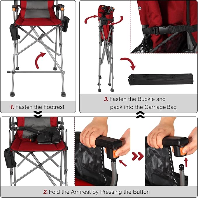 REDCAMP Oversized Tall Camping Chair for Adults 330lbs Portable High Folding Directors Chair Foldable Bar Height Stool with Makeup Pocket for Lawn Sport Face Painting Red