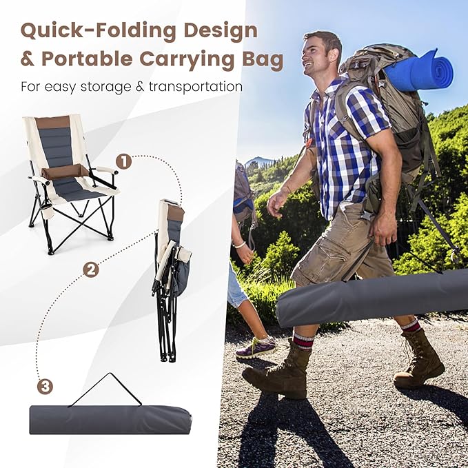 Tangkula Set of 2 Folding Camping Chair Portable Lightweight Camp Chair with Lumbar Support Padded Seat Carrying Bag Cup Holder Outdoor Lawn Chair for Yard Fishing Travel No Assembly Needed