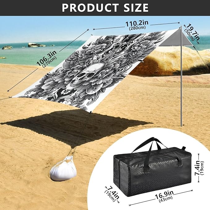 Tattoo Design Beach Tent Sun Shelter 9.2' x 10.5' Beach Canopy with 4 Sandbags 4 Stability Poles Sand Shovels - Tent Canopy for Beach Camping Fishing Picnics