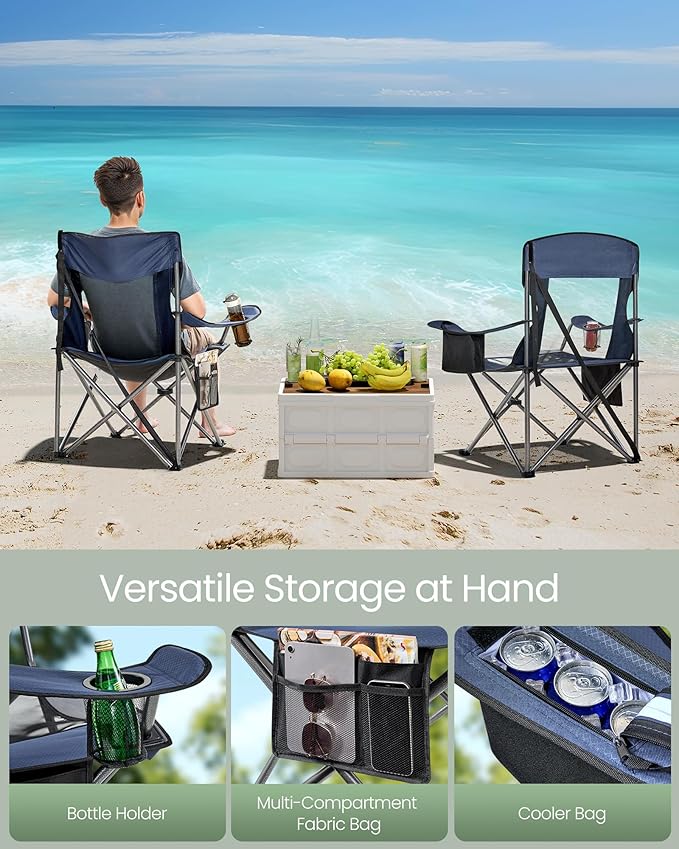 SONGMICS Camping Chair Folding Oversized Chair Comfortable and Heavy-Duty 352 lb Weight Capacity Adjustable Armrests with Cooler Bag Storage Bag Breathable Mesh Bijou Blue UGCB060Q01