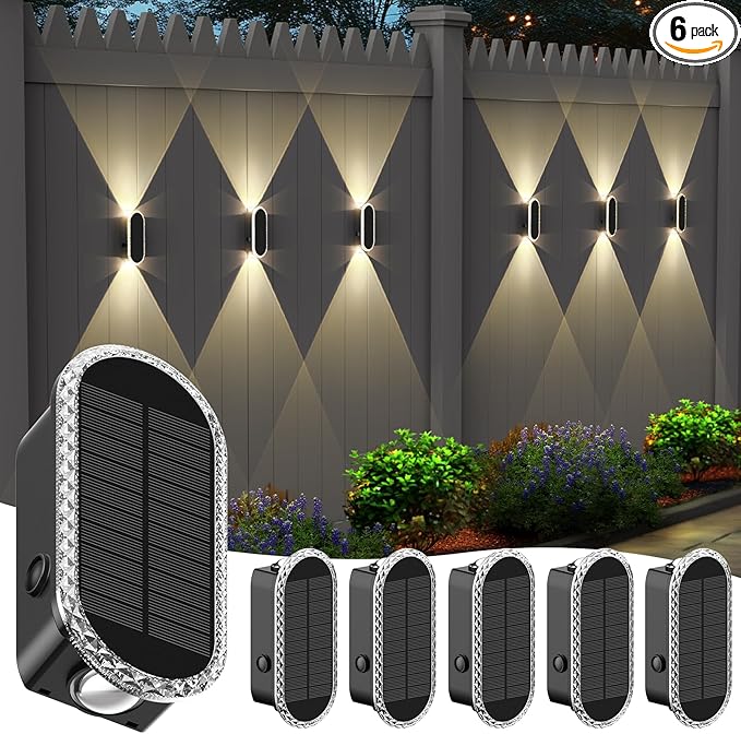 6 Pack Solar Fence Lights Outdoor RGBW Solar Wall Lights 8-Color Waterproof Top and Bottom Lighting Solar Powered for Garden/Pool Cage/Patio/Wall (2 Installation Modes)