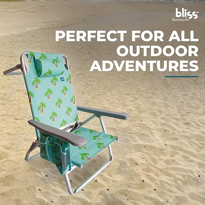 Bliss Hammocks BBC-352-PT Folding Beach Chair w/Towel Rack Cup Holder w/Pocket 275 Lb. Weight Capacity Palm Tree