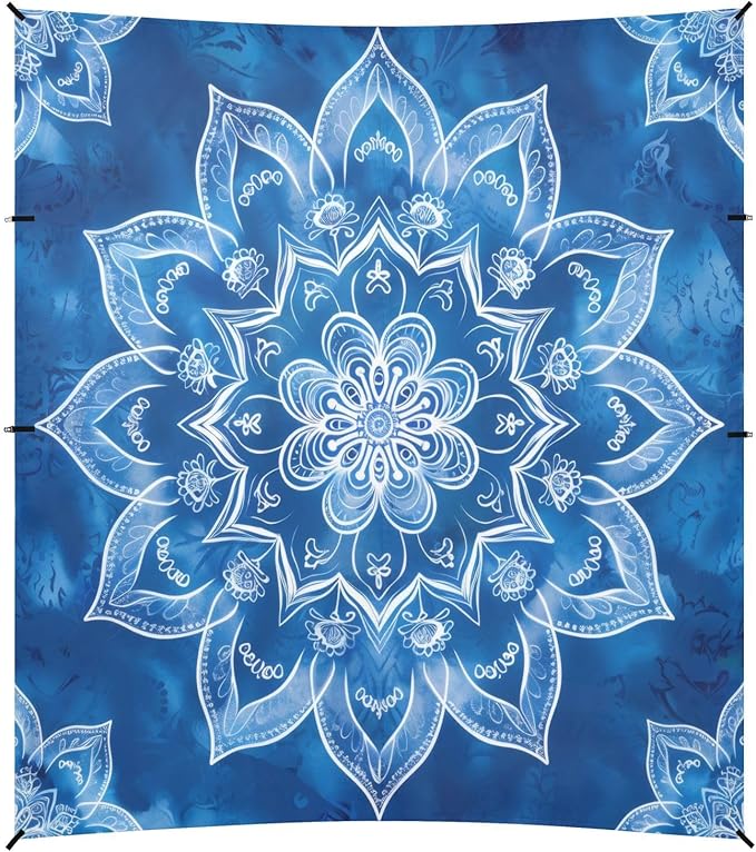 Blue Mandala Pattern Beach Tent Sun Shelter 9.2' x 10.5' Beach Canopy with 4 Sandbags 4 Stability Poles Sand Shovels - Tent Canopy for Beach Camping Fishing Picnics