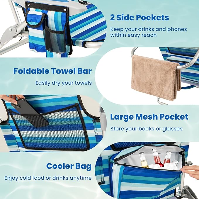 Goplus Beach Chair 330lbs Folding Backpack Chairs for Adults with 4-Position Backrest Storage Pockets Towel Bar &amp Headrest Foldable Low Beach Lounge Portable Aluminum Lay Flat Camping Chair
