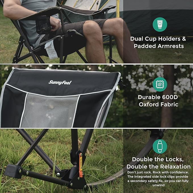 SUNNYFEEL Oversized Folding Rocking Camping Chair with Buckle Design Outdoor Rocker High Back Lawn Camp Rocker Chair with Cup Holder Heavy Duty 500 LBS for Outdoor/Camping/Lounge/Patio with Carry Bag