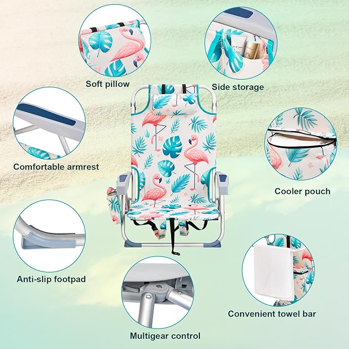 Folding Beach Chair for Adults Outdoor Beach Portable Lawn Chair Camping Chair Beach ChairHigh Back Beach Chairs with Hard Armrest Supports 300lbs for Beach Lawn ConcertFlamingo