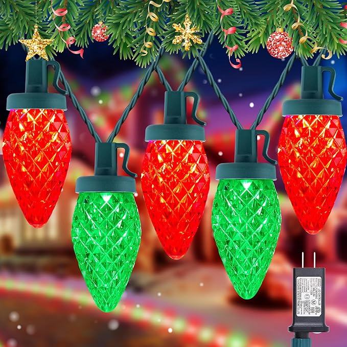 C9 LED Christmas String Lights - 82ft 100 LED Outdoor String Lights with Timer and 8 Lighting Modes Plug in Extendable Roofline Lights String for Outside Yard Porch Christmas Holiday Decoration