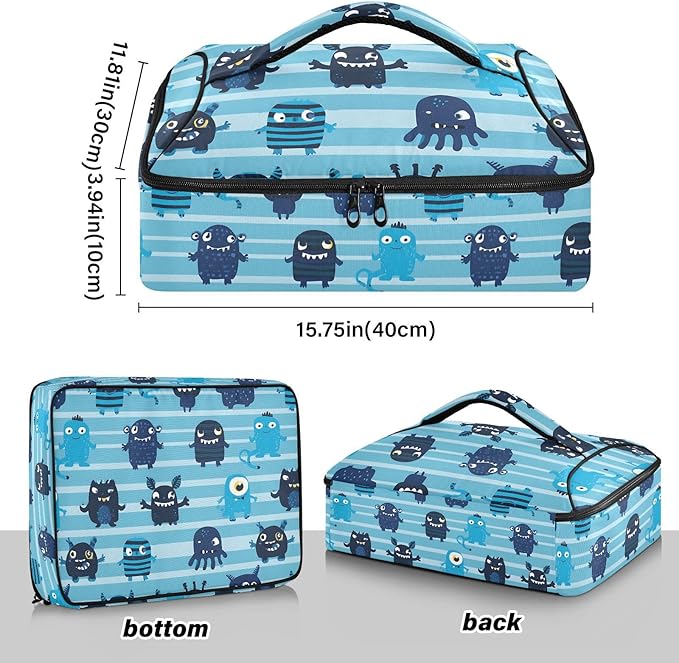 Casserole Carrier Cartoon Blue MonstersInsulated Casserole Carrier for Hot or Cold Food Thermal Lunch Tote for Potluck Parties Picnic Beach Fits 9 x 13 Inches Baking Dish