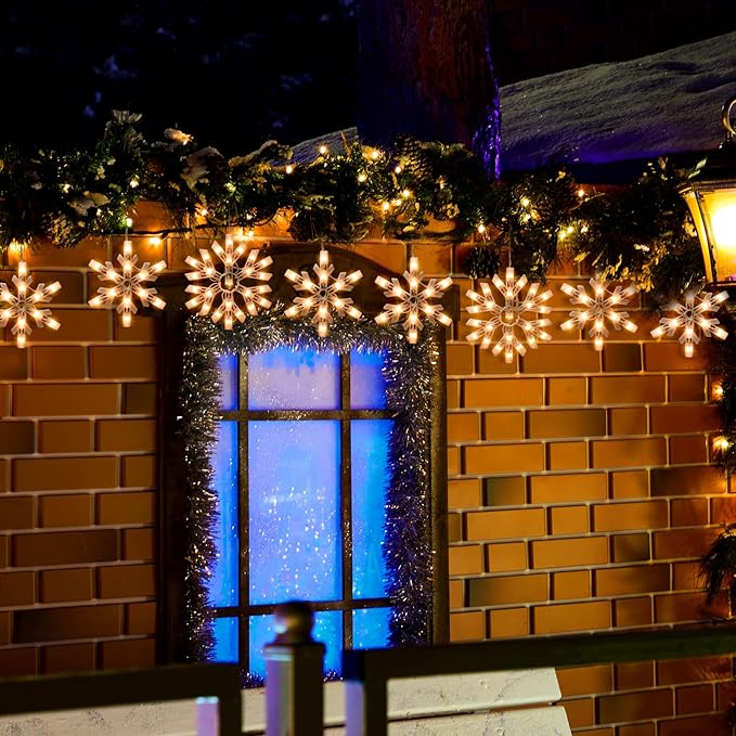 Minetom Snowflake Christmas String Lights with 6 Drops - 9ft 100 Mini Bulb Icicle Lights with Hooks Plug-in Connectable Hanging Lights for Christmas Home Indoor Outdoor Wedding Holiday Décor