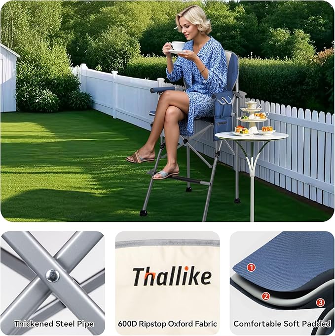 Foldable Directors Makeup Salon High Chair - Portable Camping Bar Height Folding Photoshoot Chairs with Stroage Bag Cup Holder Non-Slip Footrest Supports 400 lbs Blue Tall Director Chair