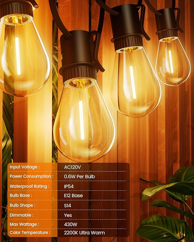 Torkase Outdoor String Lights 180FT Patio Lights with 53 Dimmable S14 Plastic Bulbs 2 Spare 2200K Waterproof Connectable Hanging Lights for Backyard Porch Cafe Party Decor