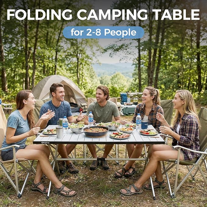 KingCamp Large Folding Camping Table Aluminum Roll Up Table Oversized Camp Table Stable Portable Outdoor Folding Table for Picnic Camping BBQ Backyard Party 57.4''×31.4'' 6-8 PersonSupport 176lbs