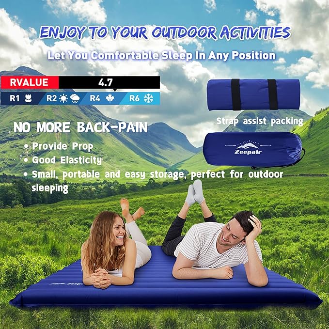 Double Camping Sleeping Pad Ultralight Waterproof Inflatable 2-Person Sleeping Mat with Inflation Bag Lightweight Portable Air Mattress for Outdoor Backpacking Hiking Car Traveling Tent (Navy)