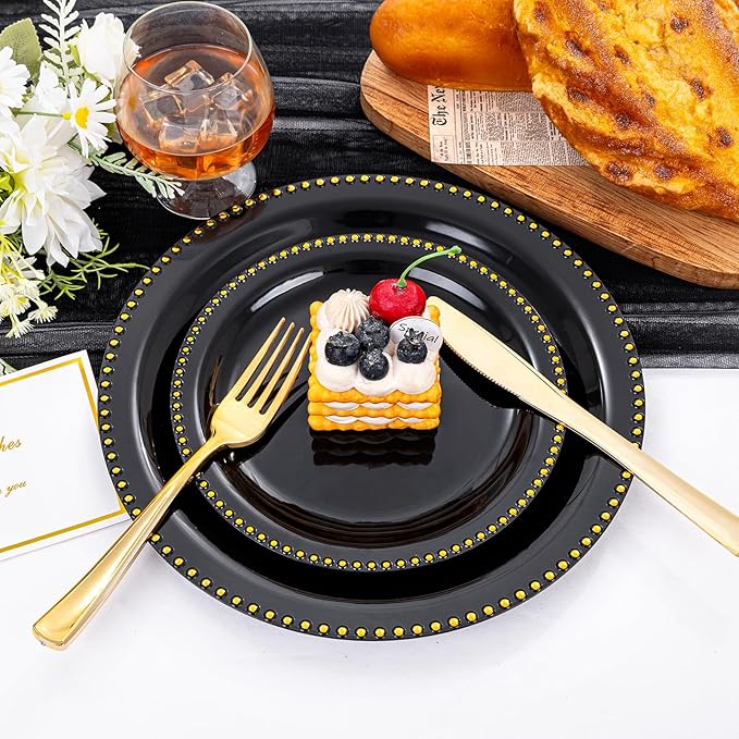Rubtlamp 60Pcs Black Gold Plastic Plates Black Disposable Plates With Gold Beaded Heavyduty Plastic Plates Halloween Plates Include 30 Dessert Platos 30 Dinner Platos for Party