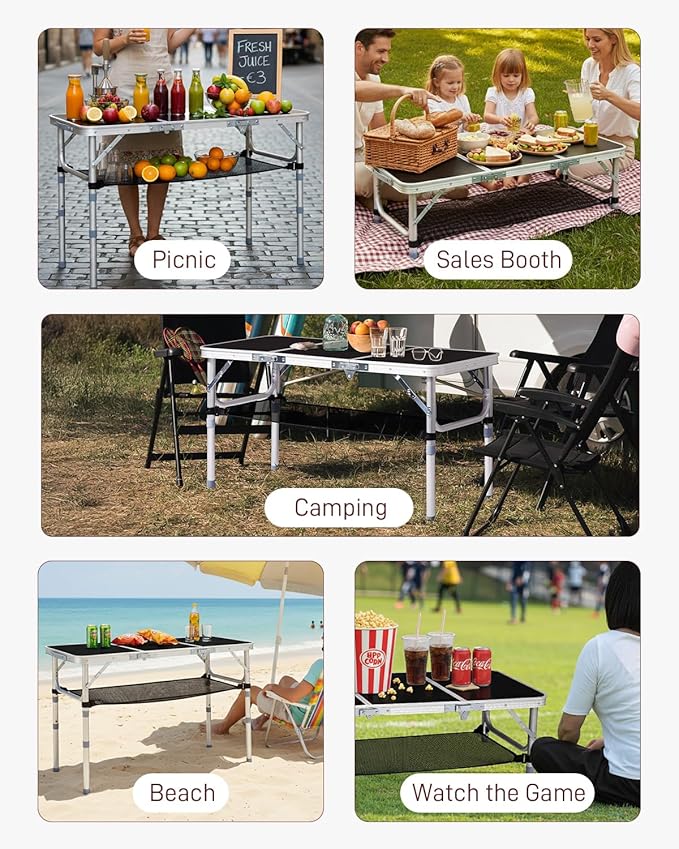 Outvita Folding Table 3FT Aluminum Camping Table with Storage Adjustable Height Picnic Table Lightweight for Carring Outdoor Party Events Beach