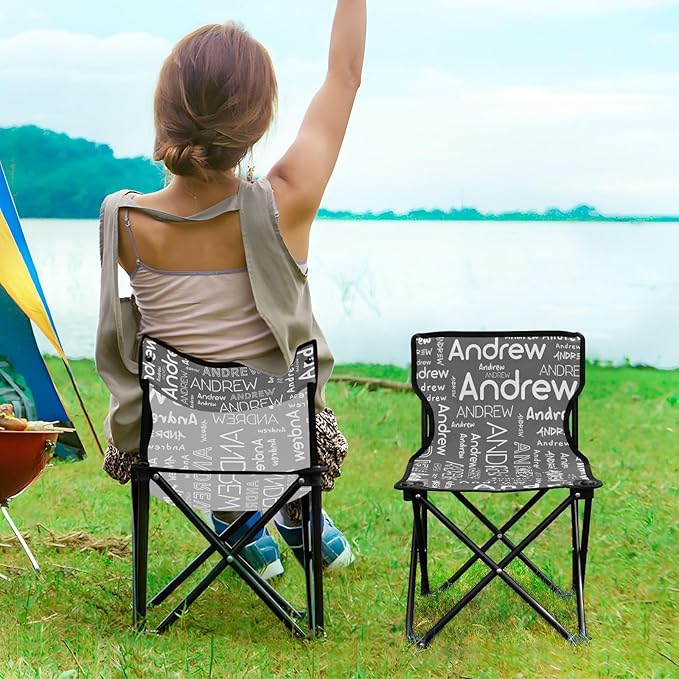 Sinestour Dark Gray Custom Folding Camping Chair for Teen Child Personalized Name 14.6×14.6in Portable Outdoor Chair with Carry Bag for Beach Picnic Travel