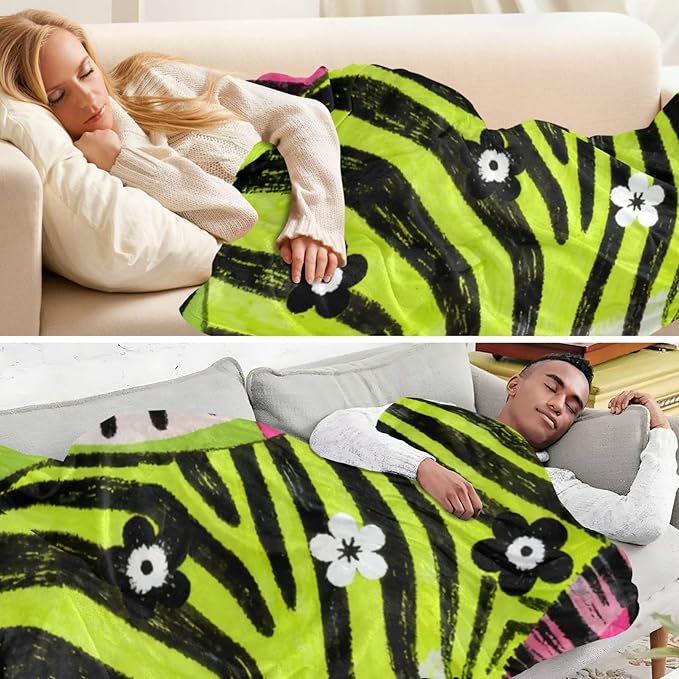 Colorful Animal Stripes White Flowers Lightweight Fuzzy Comfy Soft Throw Blanket for Girls Throw Over Blanket for Couch Sofa BedParty 50x70 Inches