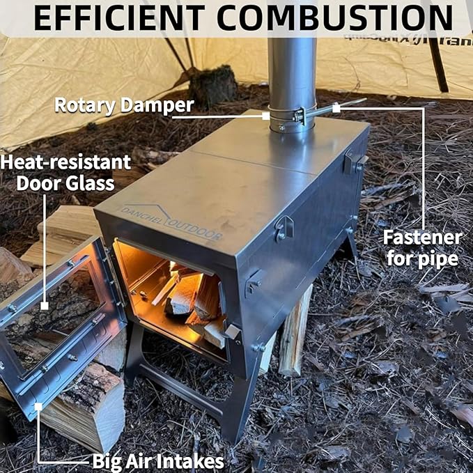 DANCHEL OUTDOOR T6 Ultralight Titanium Wood Stove for Camping Backpacking 4.4lbs Folding Hot Tent Stove with 7.2ft Chimney Pipe Easy Setup for 1 Person Winter Survival Cooking