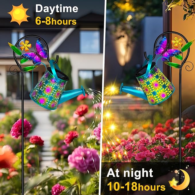Solar Watering Can with Lights Waterproof Solar Lantern with Butterfly Shepherd Hook Hanging Garden Lights for Patio Yard Lawn Porch Outdoor Decoration 2 Pack