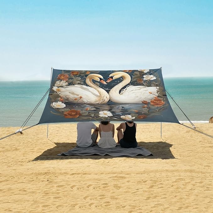 Camping Sun Shelters Swans Couple in Floral Circle Beach Canopy 126 * 110.2in