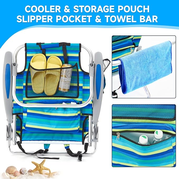 2 Pack Lightweight Portable Camping Beach Chair for Adults Outdoor Lay Flat Folding Beach Chairs with 5 Positions Backpack Beach Chair with Towel Bar Zipper Pouch Cup Holder Ocean Striped