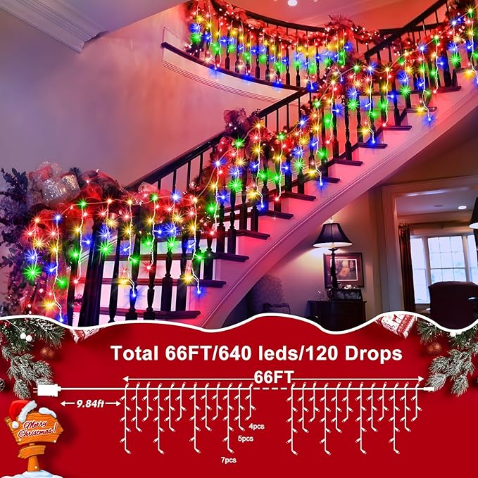 XURISEN 66ft Christmas Lights Decorations Outdoor 640 LED 8 Modes Curtain Fairy Lights with 120 DropsPlug in Waterproof Timer Memory Function for Christmas Holiday Wedding Party Decor(Multicolor)