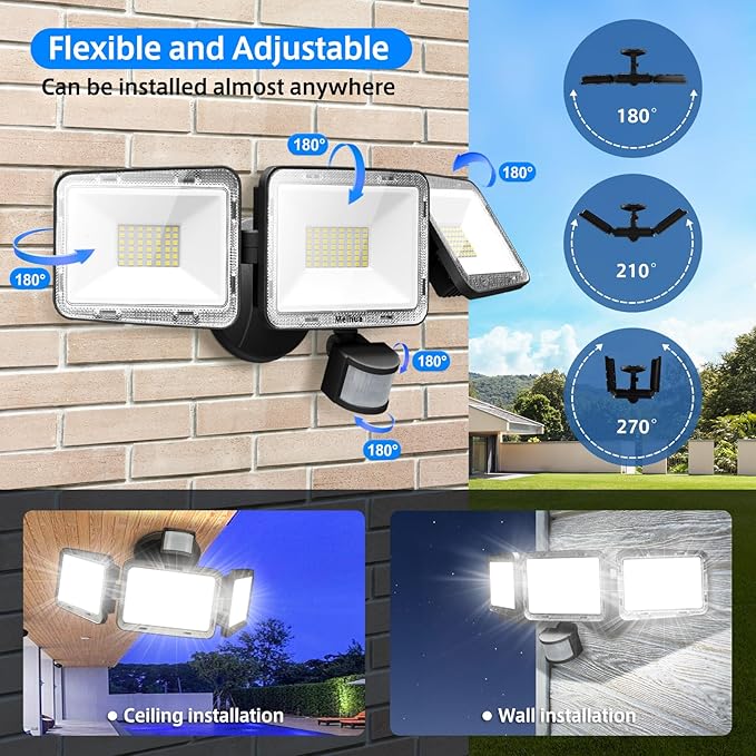 MEIHUA 70W LED Security Motion Sensor Outdoor Lights 3 Head Motion Detection Outdoor Lights 6500K Daylight 6800LM Flood Lights Outdoor Motion Sensor Lights IP66 Waterproof for Garage Yard Porch