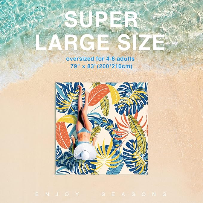 Beach Blanket Sandproof Waterproof Beach Mat Oversized 79 X 83 Inch for 4-6 Adults Lightweight Beach Blanket for Outdoor Travel Camping Hiking