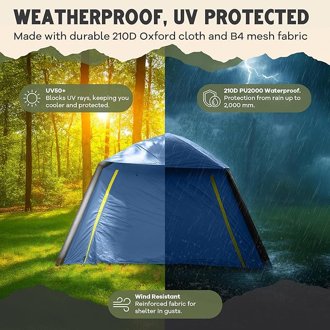 CloudCamp Inflatable Tents for Camping- 6 People Waterproof Oxford Fabric(210D) Quick Setup Air Tent with Manual &amp Battery Pump UV Protection 4-Season Inflatable Tent