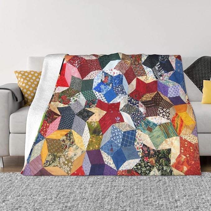 80X60 Wonky Star Quilt Lightweight Flannel Blanket - Soft and Breathable Polyester Suitable for Travel Camping and Home Decoration