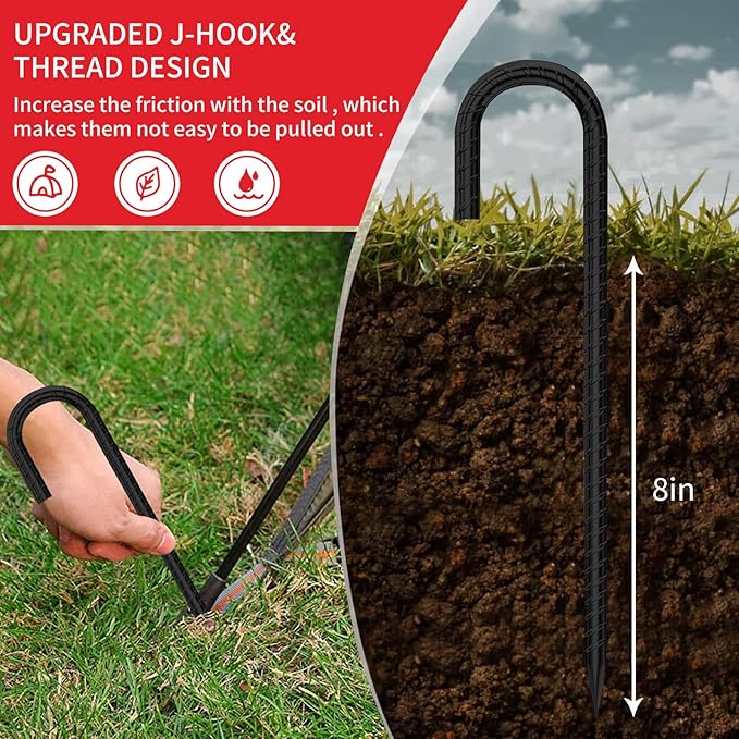 Black Metal Stakes 8 Set J Hook Extra Heavy Duty Rebar Stake【12 inch Long Enough】 Rust Proof Coated Steel Ground Stakes Ground Anchors Garden Stake Metal Stakes Tent Stakes Trampoline Anchors