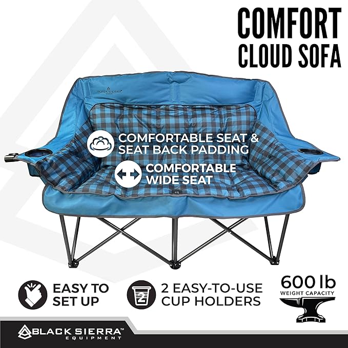 Black Sierra Double Camping Chair for Adults Oversized Folding Loveseat Supports 600 lbs Plush Padded Outdoor Couch with Cup Holders and Carry Bag for Beach Patio RV or Tailgating Events