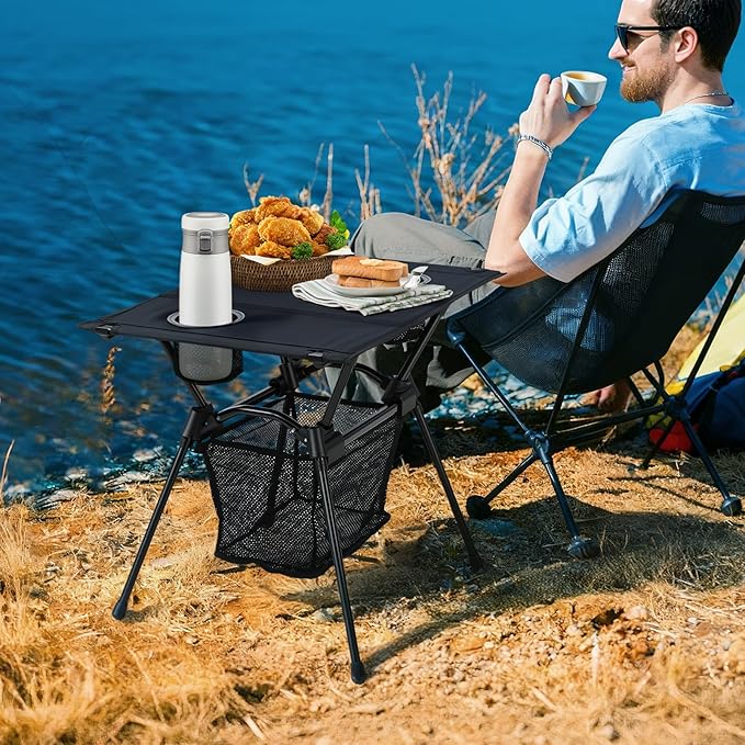 Anbte Ultralight Portable Camping Table 3.2lb Folding Camping Table with Cup Holders &amp Storage Net 20in Height for Camping Hiking Tailgating Beach Picnic Travel Patio 23 x 16 Black