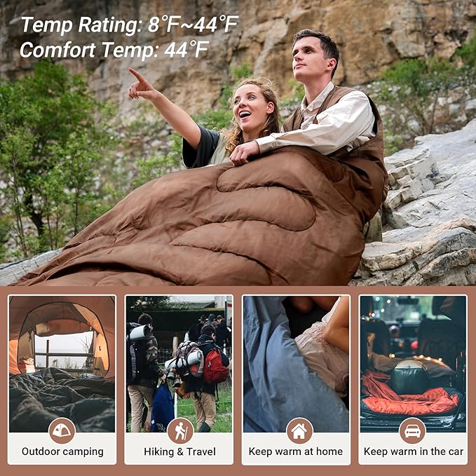 KingCamp Double Sleeping Bag for Adults Queen Size 2 Person XXL Flannel Sleeping Bag Waterproof Lightweight Flannel Quilt with 2 Pillows Perfect for Couples Family Camping Hiking