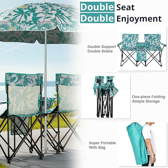 Double Folding Camping Chair with Sunshade Umbrella &amp Cup Holder &amp Pocket Durable 2 Seat Outdoor Chair for Fishing and Camping Compact Design with Carrying Bag Suit for Outdoor Adventures