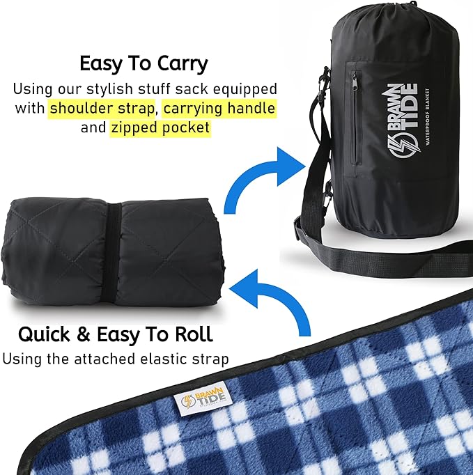BRAWNTIDE Large Outdoor Waterproof Blanket - Extra Thick Fleece Warm Windproof Sandproof Quilted 82 x 55 Ideal for Beaches Picnics Camping Stadiums Dogs Car