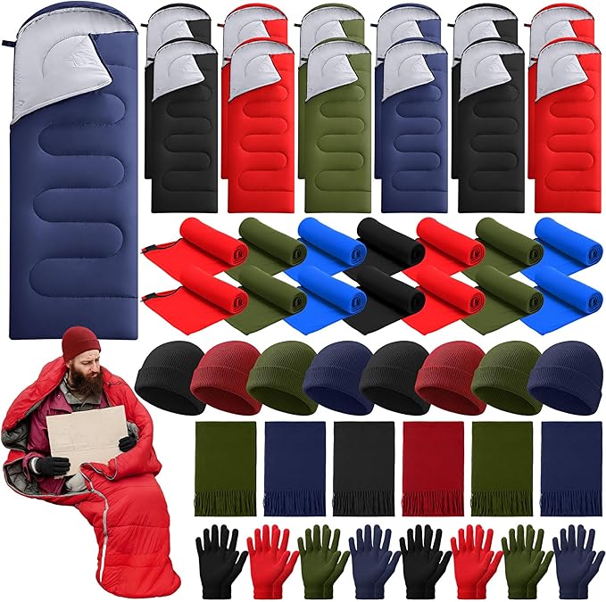 80 Pcs Homeless Care Package Sleeping Bags Adult Bulk with Winter Beanies Hat Gloves Scarf Cotton Liner Waterproof Sleeping Bag for Camping Outdoor Church Donation Emergency