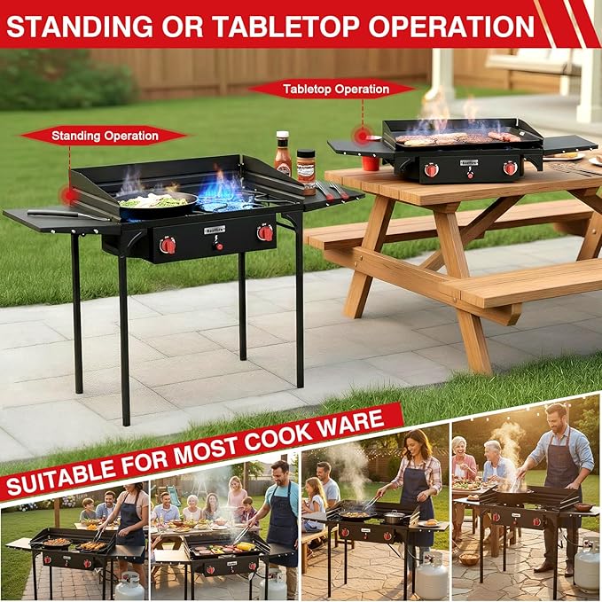 Bestfire 2 Burner Camping Stove with Windscreen&amp Side Shelves Bag Auto Ignition ButtonRegulator150000 BTU High Pressure Camping Stove Propane Burner With Removable Legs for Outdoor BBQ&ampBa