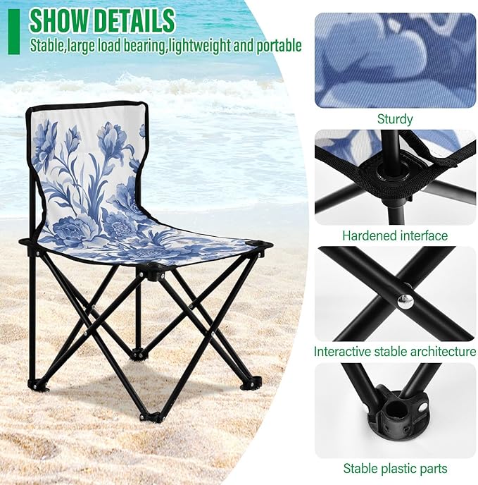 Flower Blue Portable Camping Chairs Folding Chair - Durable Oxford Fabric Lightweight Iron Frame Easy Fold Design - Ideal for Outdoor Activities Camping Fishing and Travel