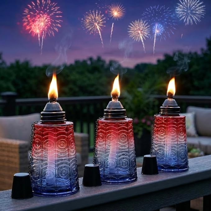 Seraphic Citronella Table Top Torches for Outdoor Patio 16oz Decorative Glass Torch Citronella Candles for Outside Deck Garden Parties Set of 3 Red/White/Blue