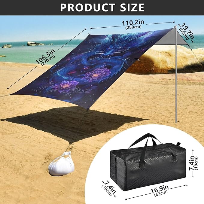 Blue Dragon Beach Tent Sun Shelter 9.2' x 10.5' Beach Canopy with 4 Sandbags 4 Stability Poles Sand Shovels - Tent Canopy for Beach Camping Fishing Picnics