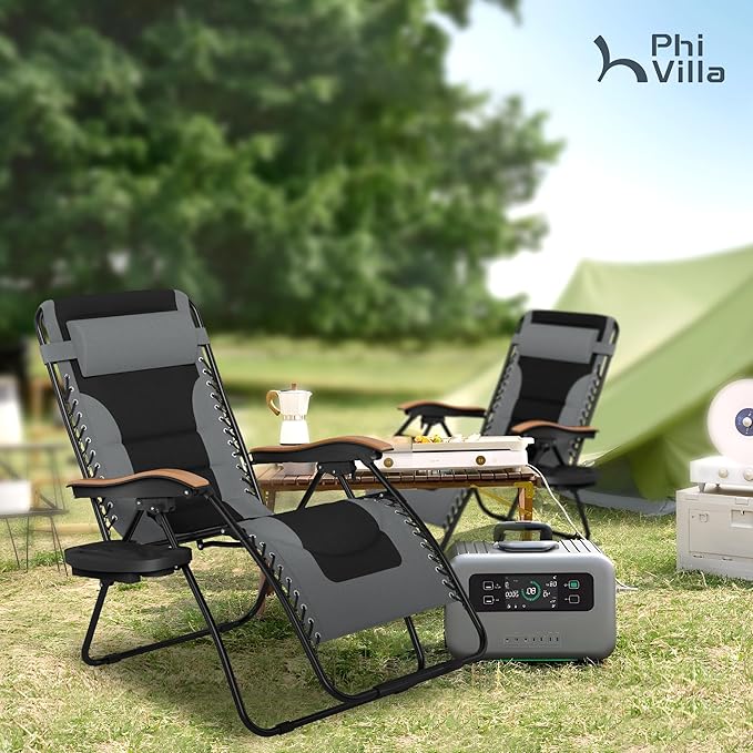 PHI VILLA XXL Oversized Padded Zero Gravity Chair Set of 2 Foldable Patio Recliner 30 Wide Seat Anti Gravity Lounger with Armrest and Cup Holder Support 400 LBS (Grey)
