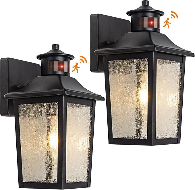 2 Packs Motion Sensor Outdoor Wall Lights - Black Dusk to Dawn Outdoor Lighting LED Waterproof Exterior Garage Light Fixture Modern Porch Light Outside Wall Mount for Front Door House Anti-Rust