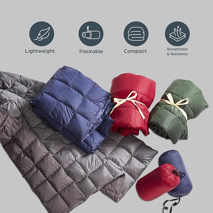 Blue Ridge Activ Fluffy 650 Fill Power Outdoor Packable Down Throw Blanket for Camping Hiking with Carrying Pouch - Lightweight and Durable Blanket 60 x 70 for Traveling Beach Trips