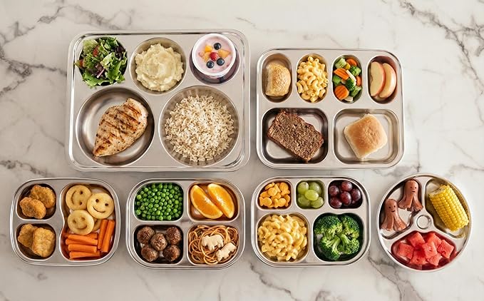Korean Stainless Steel Divided Plates for Toddlers Kids Babies Premium 304 Electro-Polished No Black Residue BPA-Free 3-Compartment Plate Food Tray for Camping Balanced Meals Set of 2