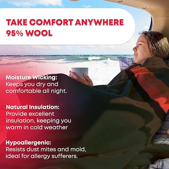 Ever Ready First Aid Military Wool Blanket - 95% Wool Washable Perfect for Outdoors Travel Car &amp Bushcraft Emergency Blanket 96 x 96 6.65 lbs. - Olive Drab Green with Stripes - Queen Size
